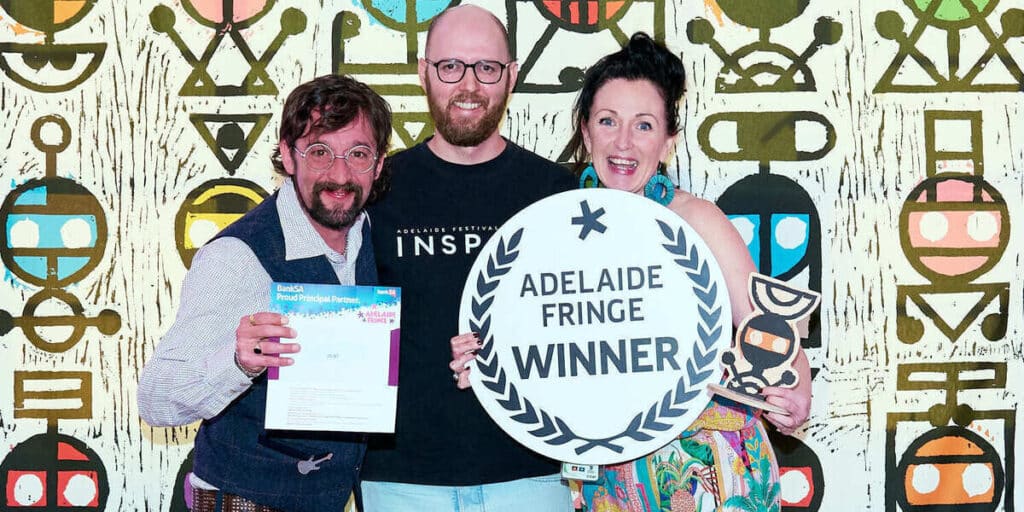 user crop YellowBrick Theatre Company s Charlaina Thompson and Craig McArdle with Adelaide Festival Centre s Callan Merrispring Photo by David Heatley supplied by Adelaide Fringe 1